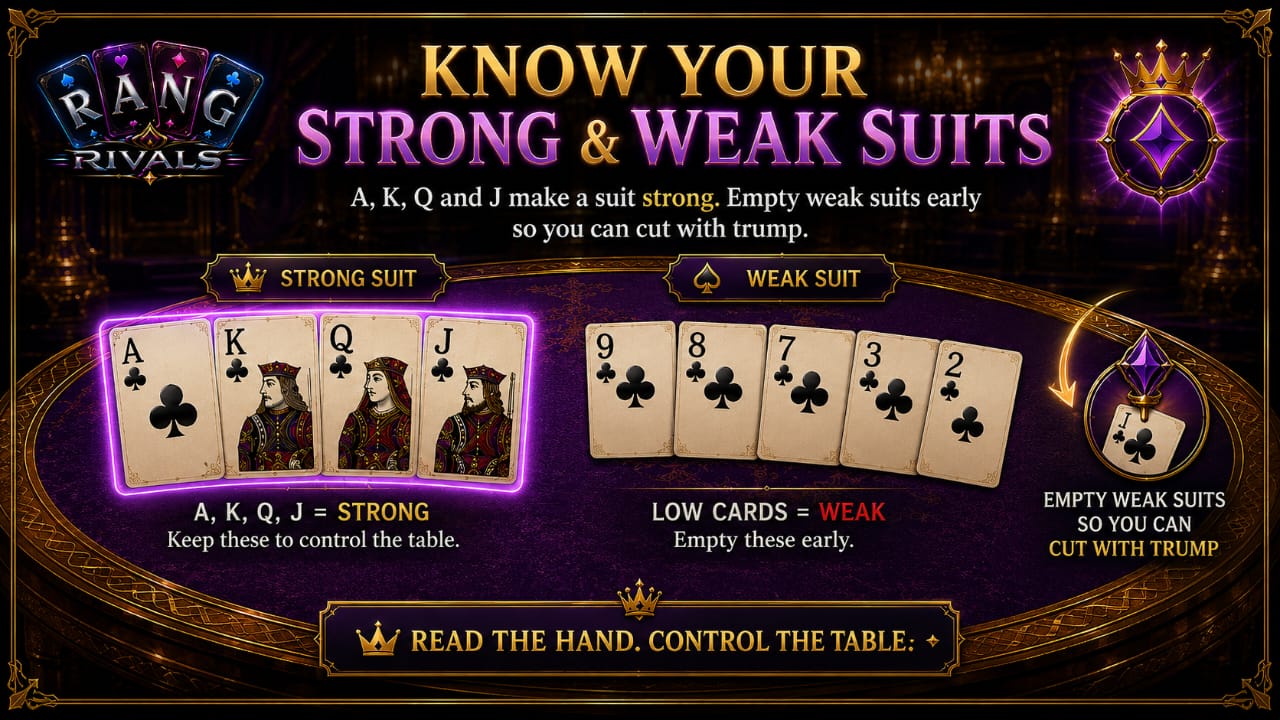 Court Piece strategy showing strong and weak suits in Rang and Rung